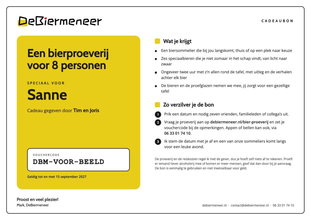 Voorbeeld van de cadeaubon voor een bierproeverij van DeBiermeneer, met naam, vouchercode en geldigheid
